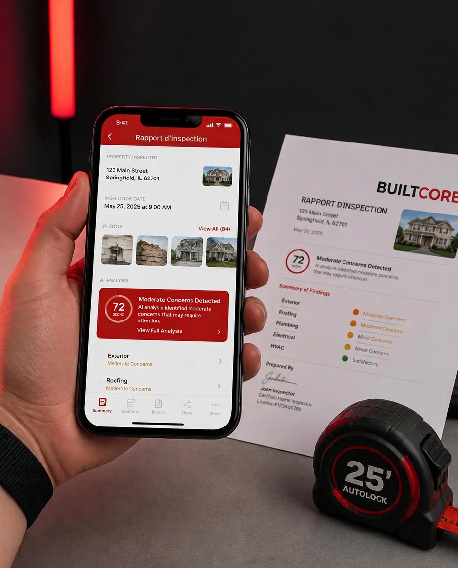 Téléphone affichant une inspection BuiltCore à côté d'un rapport imprimé