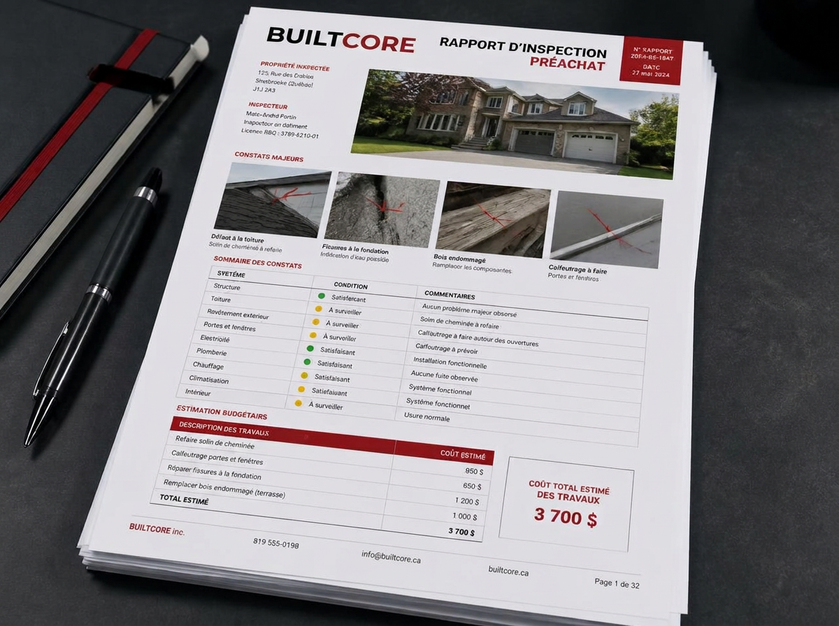 Exemple de rapport d'inspection BuiltCore imprimé, avec photos annotées et estimation des coûts